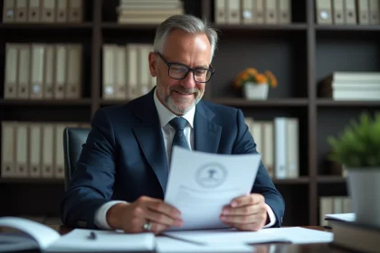 Homme d'affaires en costume examinant des documents officiels