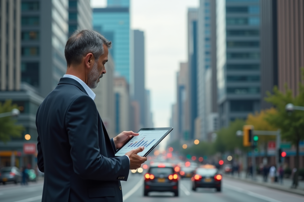 Homme d'affaires regardant un graphique sur une tablette en ville
