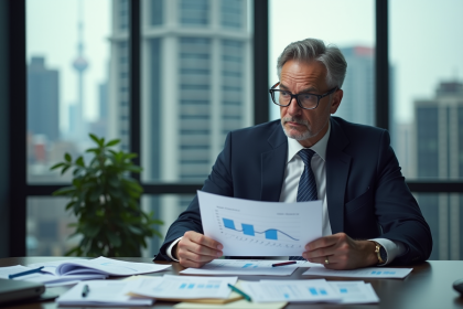 Homme d'affaires en costume regardant un rapport déclinant