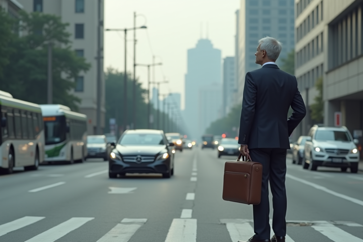 Homme d'affaires réfléchissant dans une ville animée