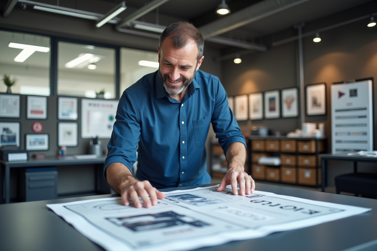 Homme vérifiant une affiche imprimée dans un studio moderne