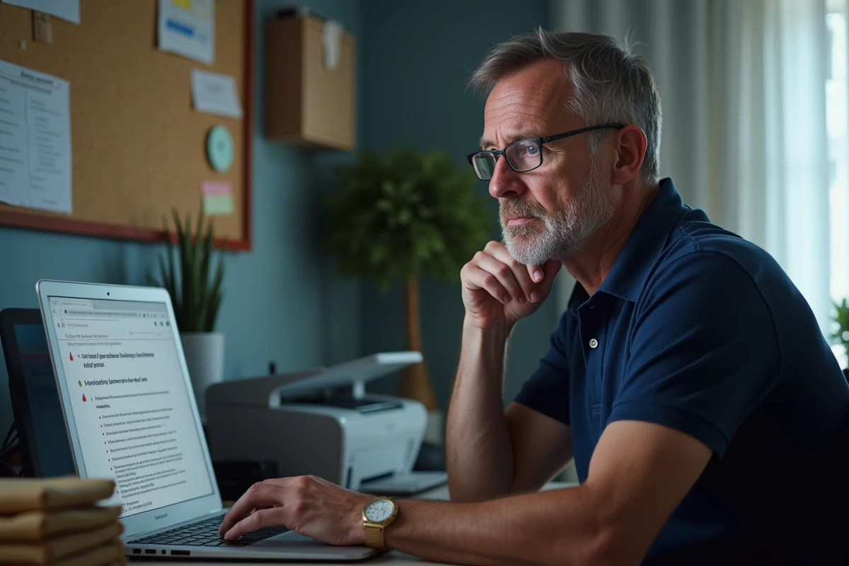 Homme méfiant devant un écran d'ordinateur affichant une offre d'emploi emballage à domicile suspecte