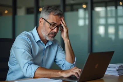 Homme d'affaires frustré devant son ordinateur au bureau