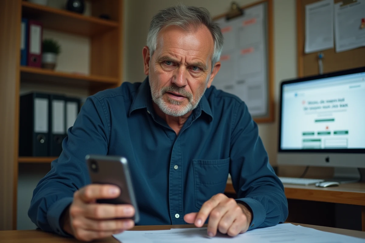 Homme au bureau à domicile consultant une offre d'emploi suspecte sur son téléphone devant un écran Pôle emploi