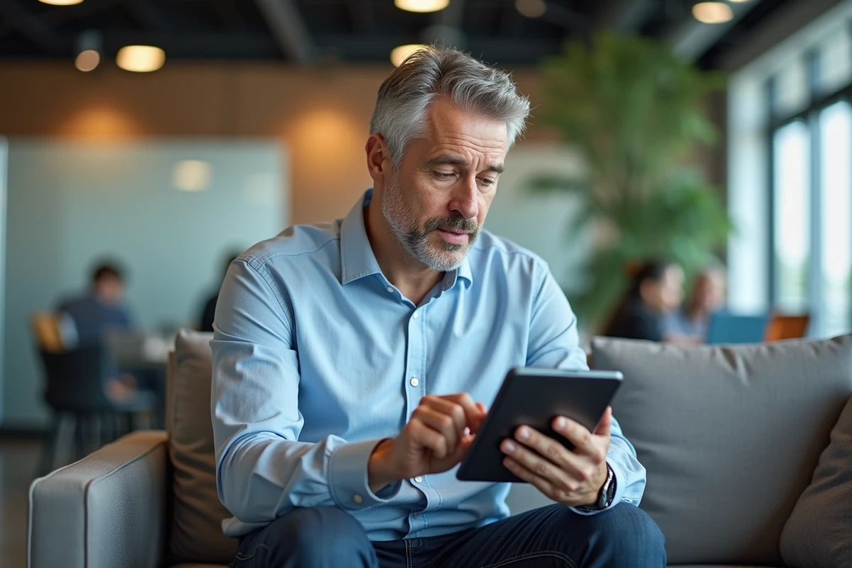 Homme en bureau moderne vérifiant des avis sur une tablette