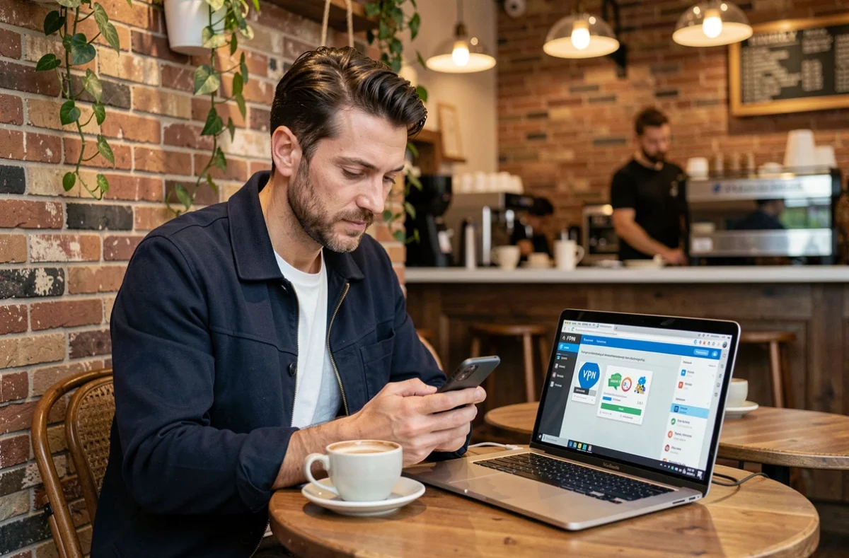 Homme utilisant un VPN sur smartphone et ordinateur portable dans un café pour contourner les restrictions internet