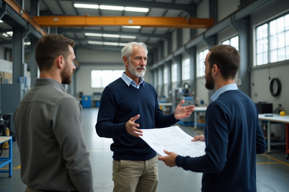 Homme senior discutant avec collègues dans un atelier industriel