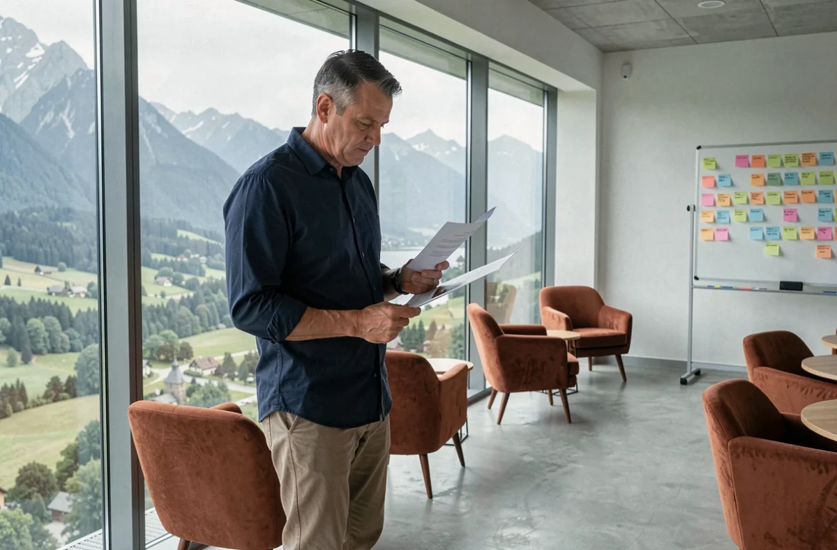 Professionnel examinant des documents dans un espace de coworking avec vue sur les montagnes d'Annecy