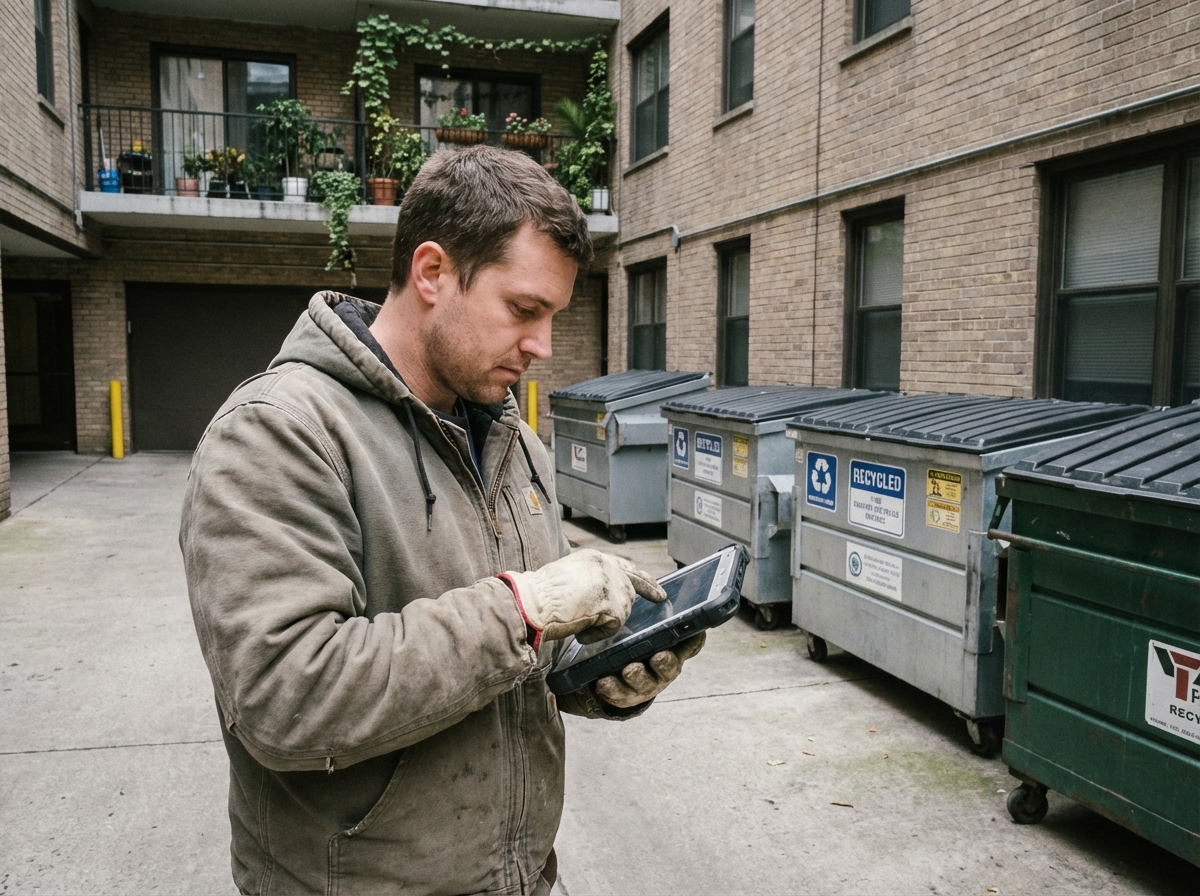 Jeune homme vérifiant des poubelles dans une cour urbaine