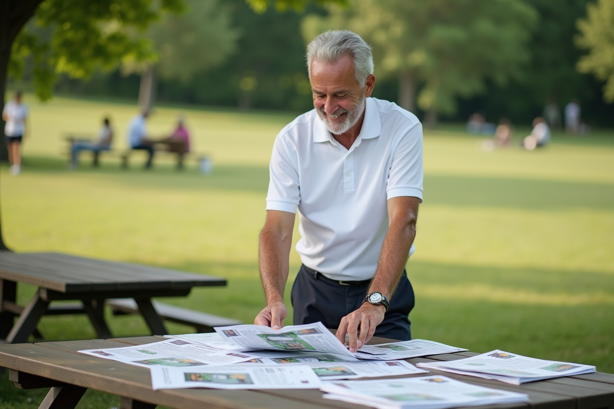 Homme distribuant des flyers dans un parc en plein air