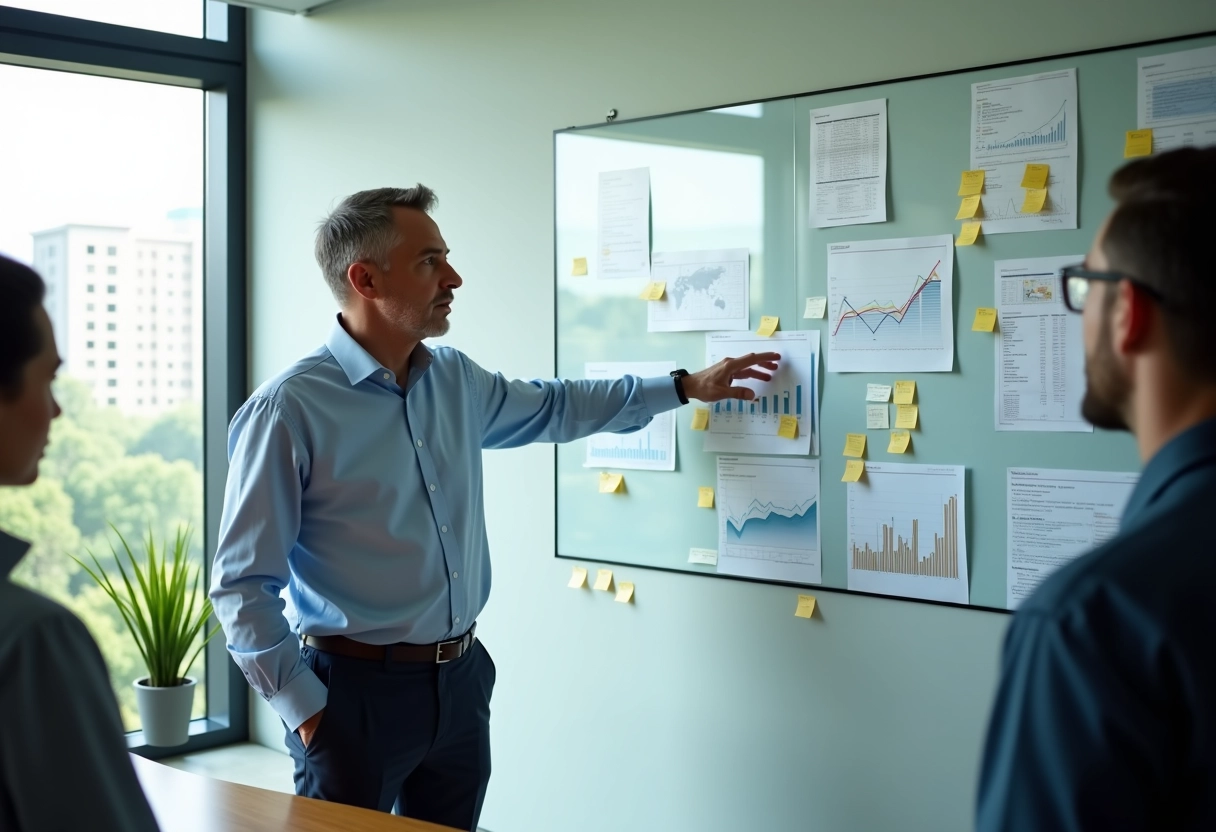 Homme expliquant des données à ses collègues dans une salle de réunion
