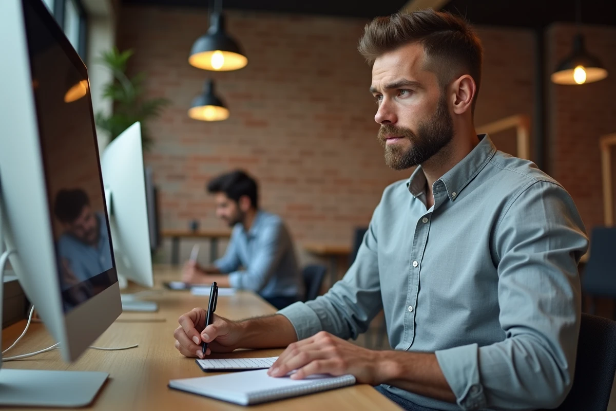 Homme freelance en espace de co-working prenant des notes pour répondre à une proposition de mission administrative