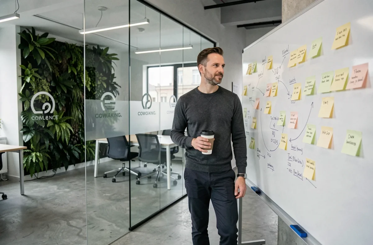 Homme freelance debout près d'une salle de réunion vitrée dans un espace de coworking avec mur végétal et sol en béton poli