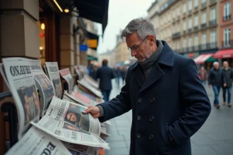 Homme d'âge moyen choisissant un journal dans une rue animée