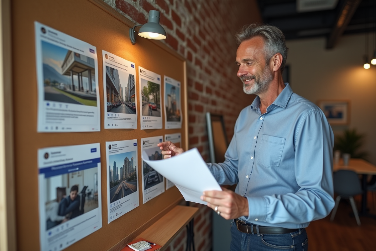 Homme en studio créatif examine des maquettes publicitaires Facebook