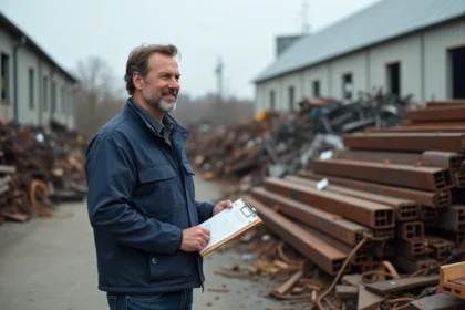 Homme d'âge moyen dans une veste de travail observant un tas de métaux