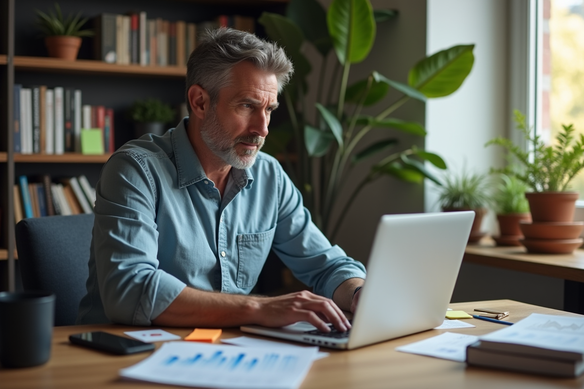 Homme d age moyen travaillant à domicile avec ordinateur portable