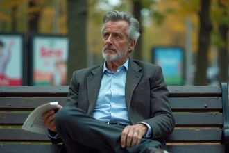 Homme d'âge moyen assis seul sur un banc dans un parc urbain