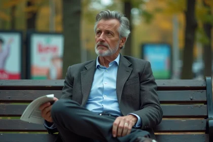 Homme d'âge moyen assis seul sur un banc dans un parc urbain