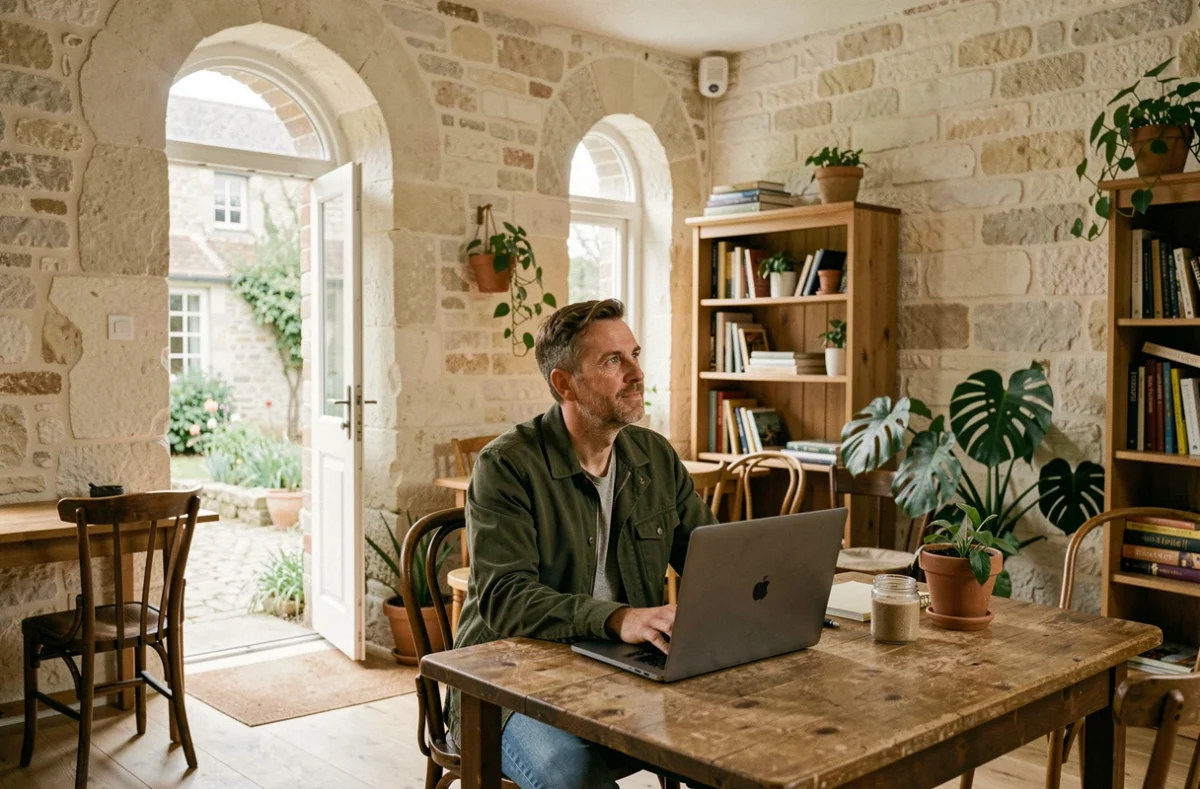 Espace de coworking L'Hôte des Faisous à Plaine-Haute dans une longère bretonne rénovée avec décoration vintage et végétation