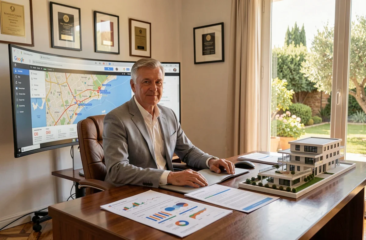 Stratège senior d'Ideal-com Interactive analysant une carte de campagne Google Ads sur la Côte d'Azur dans un bureau raffiné