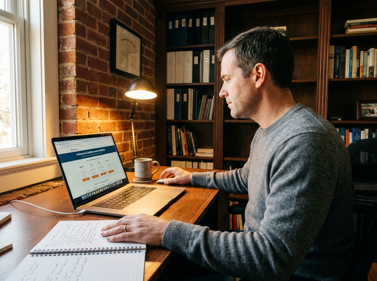Travailleur indépendant comparant des assurances RC pro sur un ordinateur portable dans son bureau à domicile