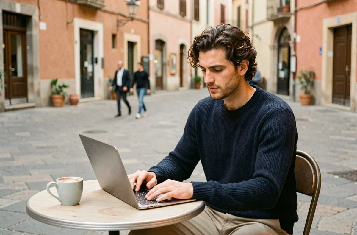 Travailleur indépendant recherchant une société de portage salarial en ligne depuis une terrasse de café à Albi