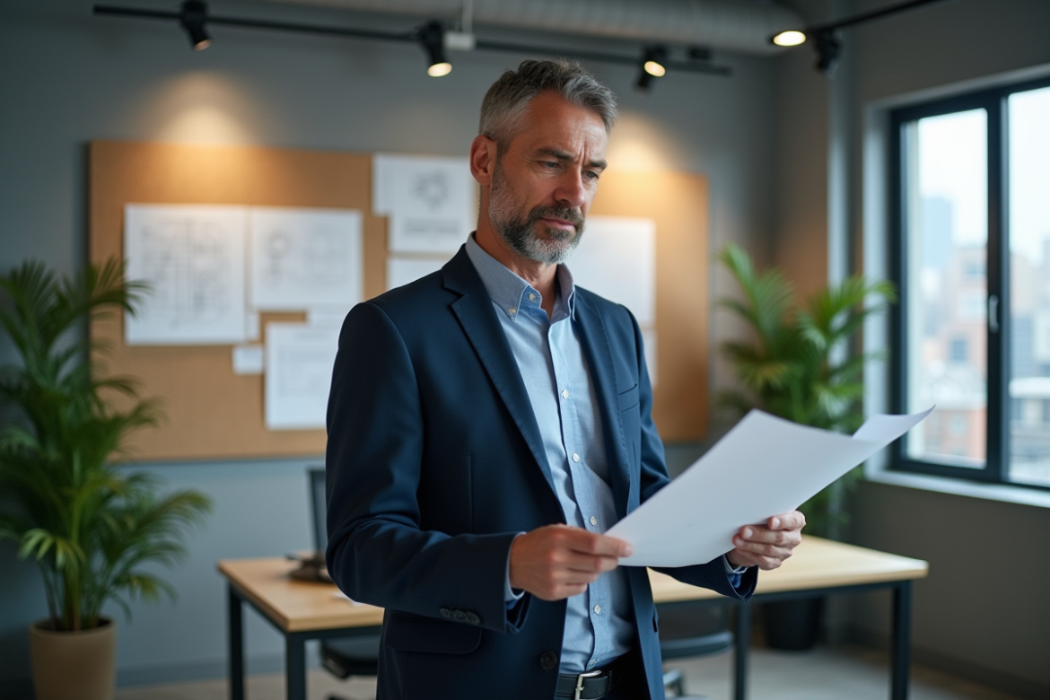 Ingénieur homme en bureau moderne avec plans et ville