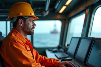 Ingénieur en combinaison orange dans une salle de contrôle offshore