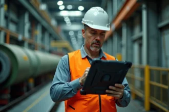 Ingénieur industriel utilisant une tablette tactique robuste sur le plancher d'une usine pour surveiller des données en temps réel