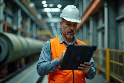 Ingénieur industriel utilisant une tablette tactique robuste sur le plancher d'une usine pour surveiller des données en temps réel