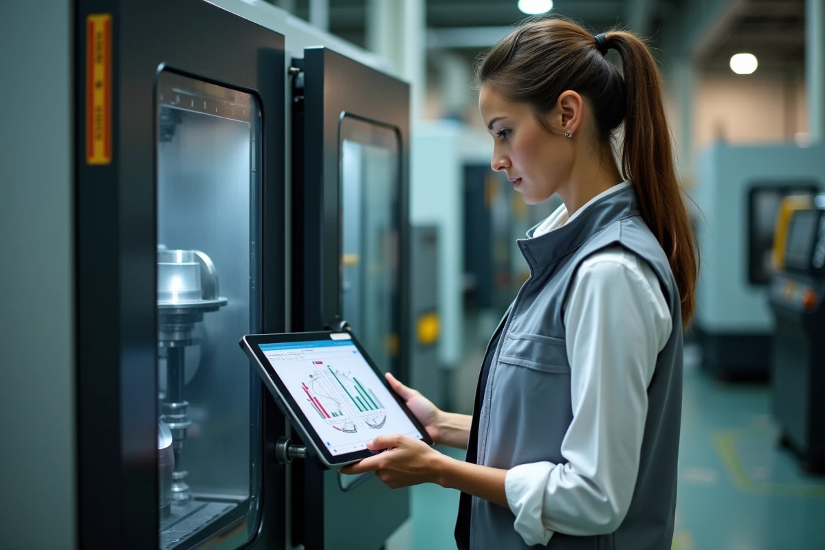 Ingénieure consultant une fiche de compatibilité sur tablette devant une fraiseuse CNC industrielle dans une usine de production