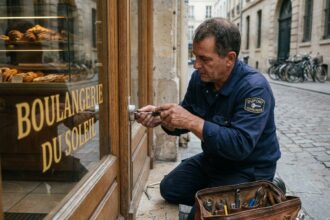 Serrurier installant une serrure renforcée sur la porte d'entrée d'une boulangerie en ville