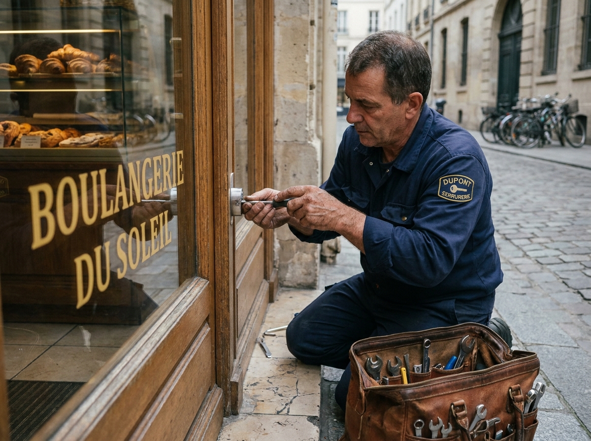 Serrurier installant une serrure renforcée sur la porte d'entrée d'une boulangerie en ville