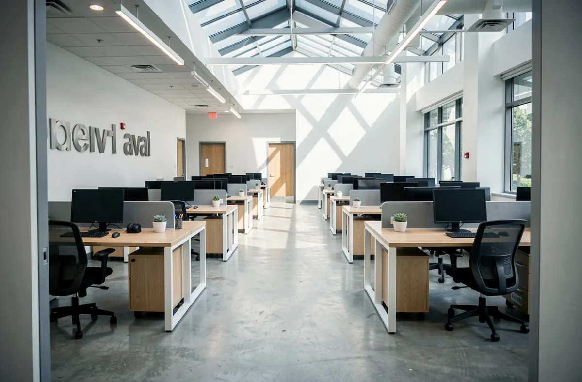 Vue intérieure d'un espace de coworking vide et moderne à Laval