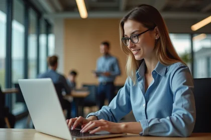 Jeune femme professionnelle utilisant un intranet en open space