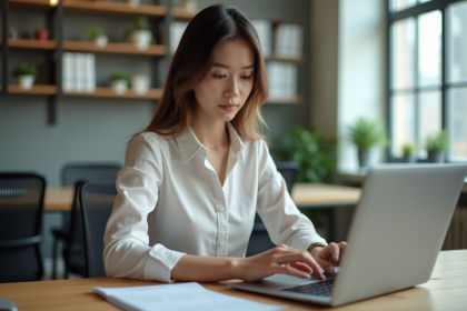 Jeune femme professionnelle travaillant sur son ordinateur dans un bureau moderne