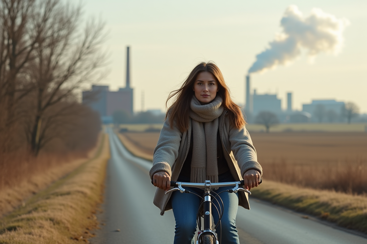 Jeune femme à vélo dans la campagne industrielle