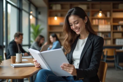 Jeune femme en coworking avec sourire et projet créatif