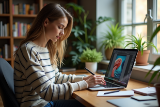 Jeune femme créant une affiche colorée dans un bureau cosy