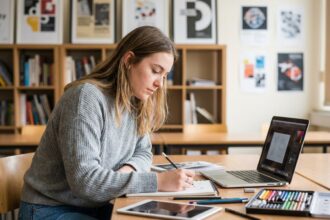 Jeune femme en classe dessinant des concepts de logo