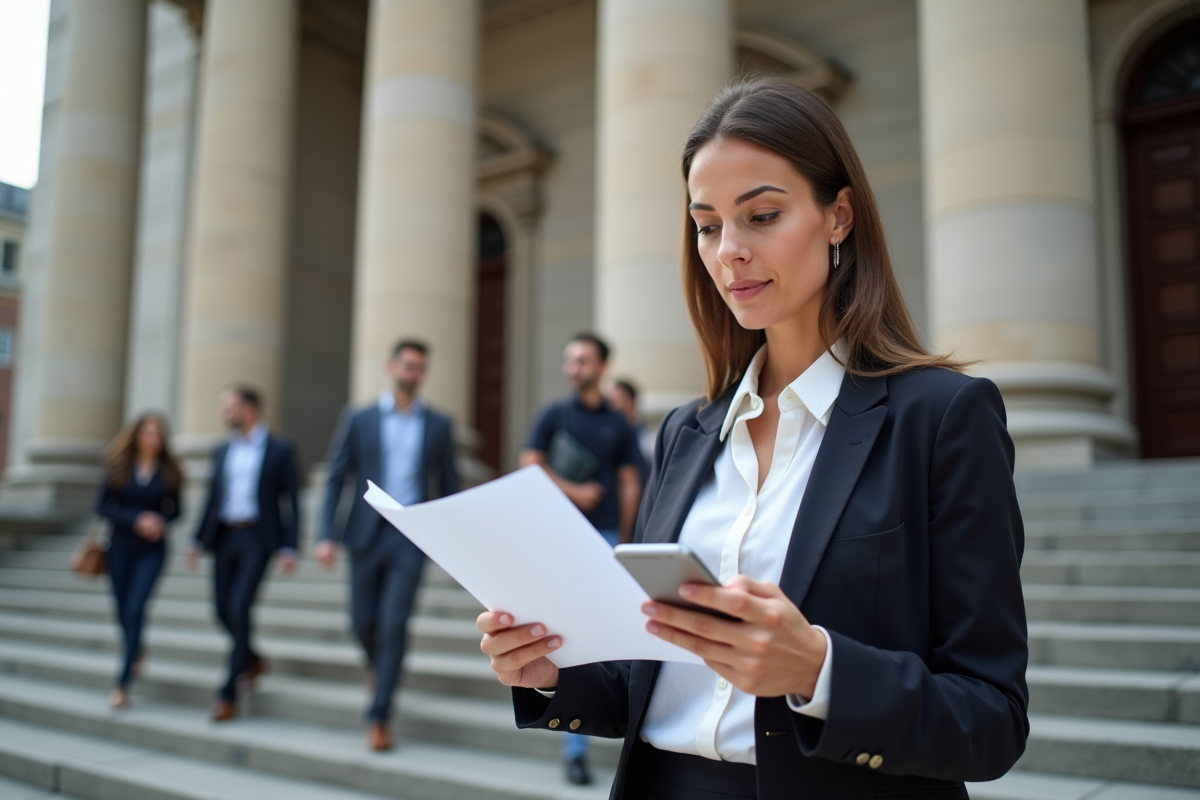 Jeune femme en extérieur devant un tribunal avec circulaire