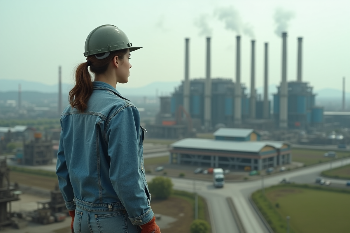 Jeune femme ouvrière observant une usine polluante