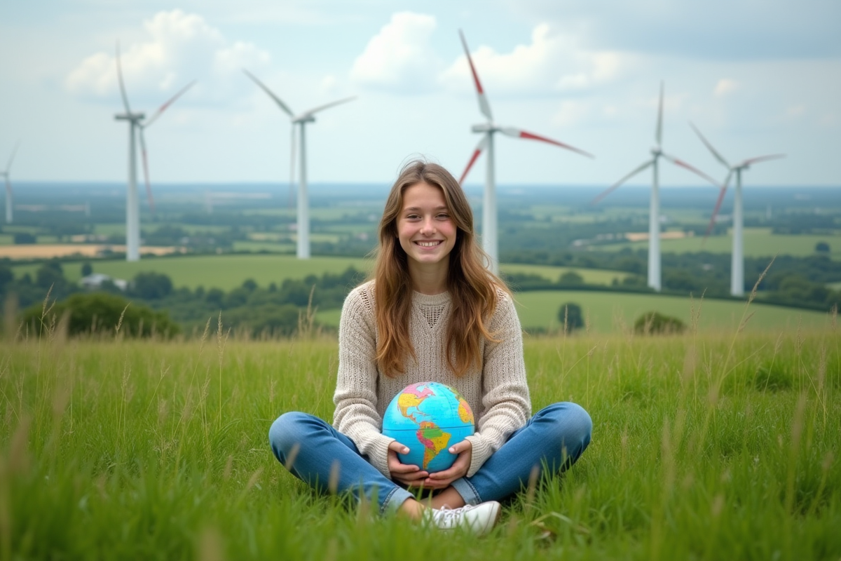 Jeune fille souriante assise dans un champ avec des éoliennes en arrière-plan