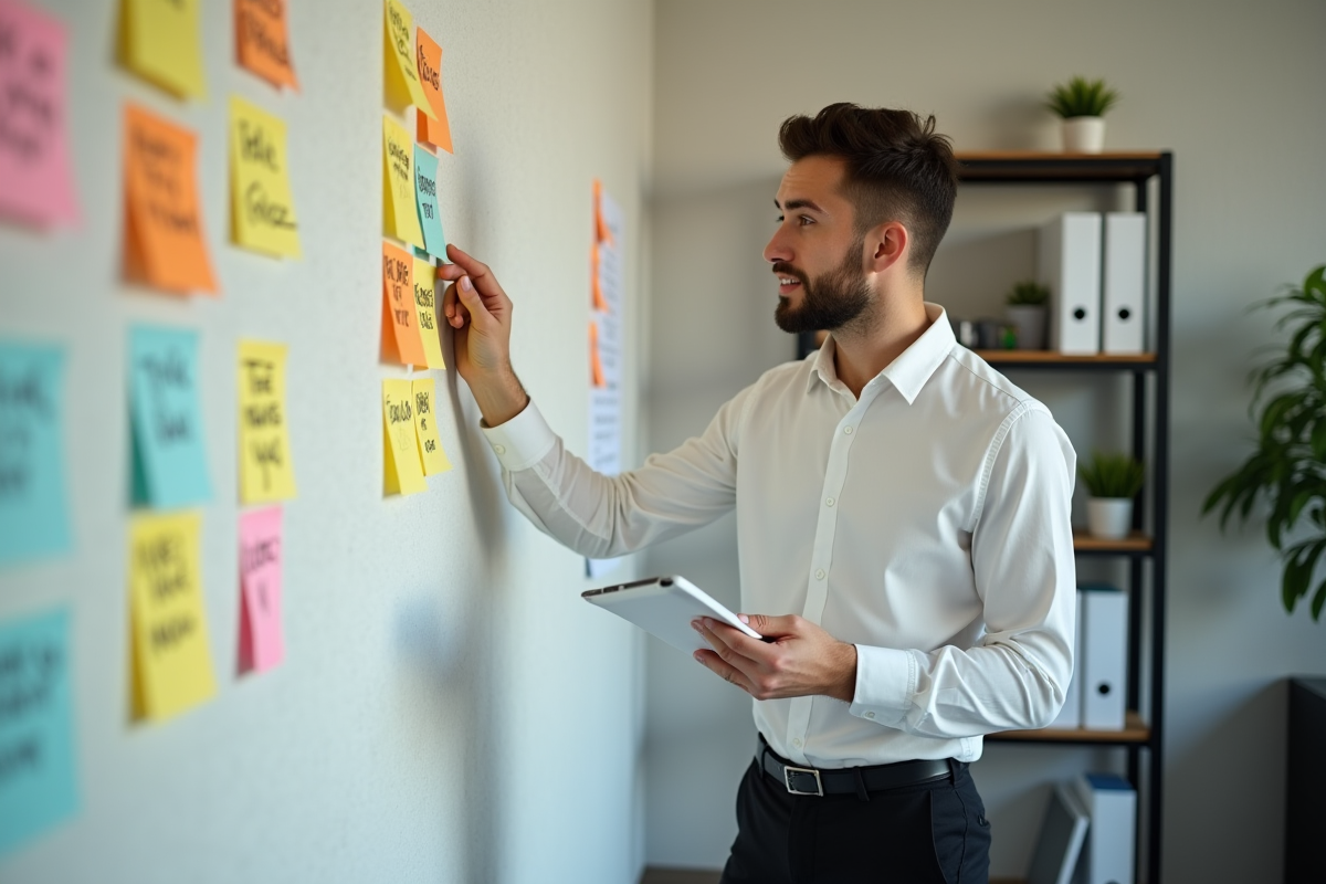Jeune homme collant une note dans un bureau