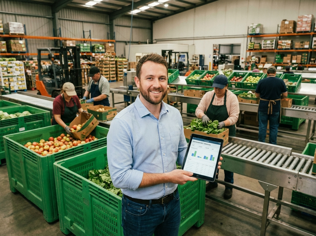 Jeune homme dans une usine alimentaire avec tablette