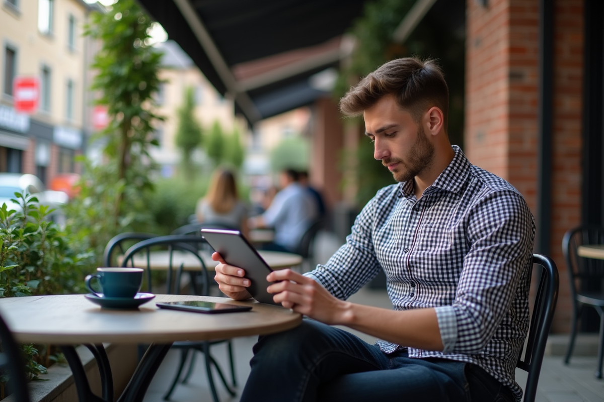 Jeune homme travaillant sur son profil en terrasse de café