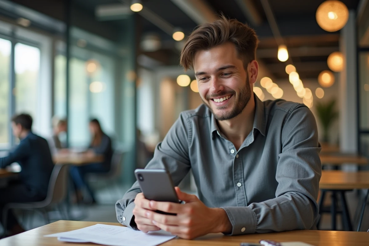 Jeune homme utilise son smartphone dans un espace coworking