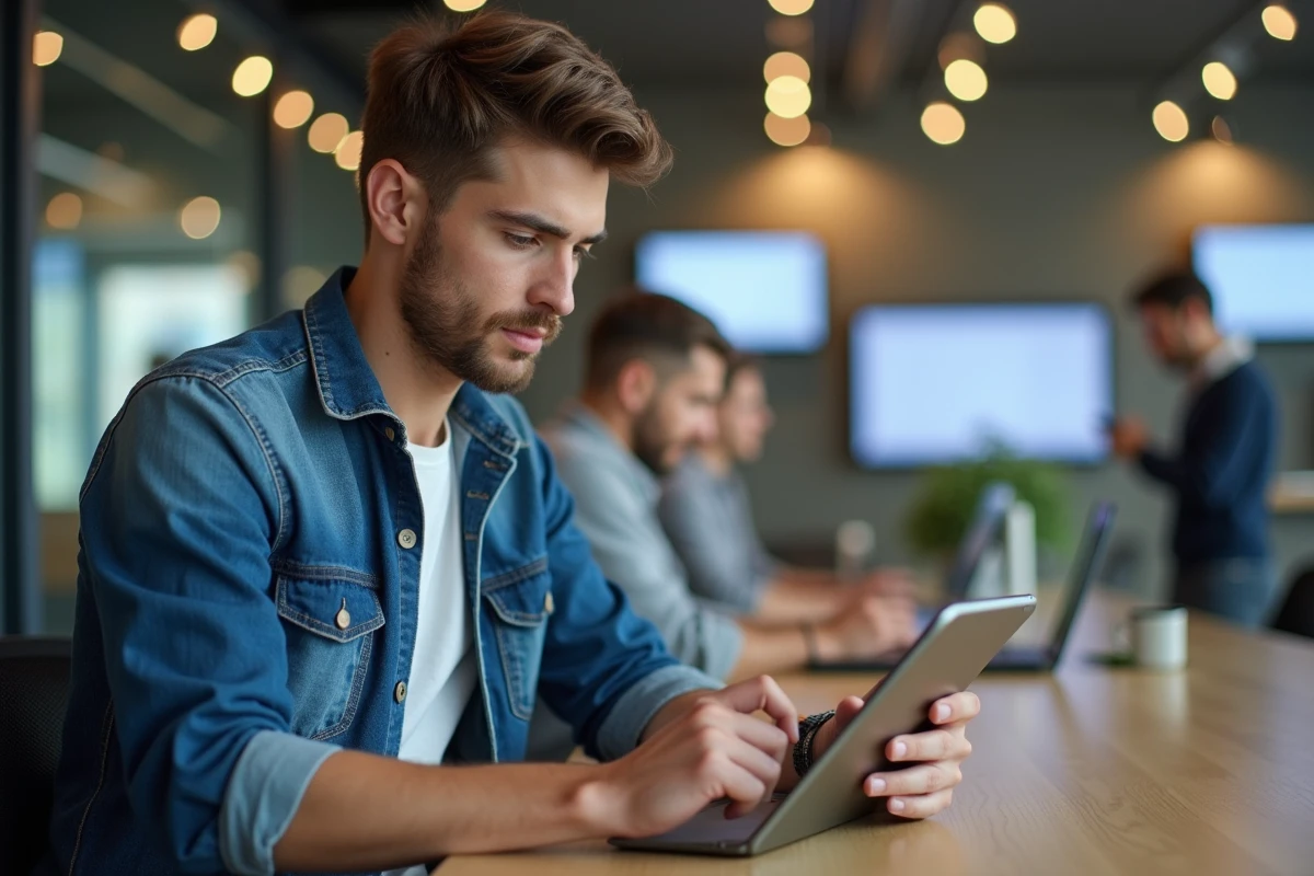 Jeune homme utilisant une tablette dans un espace de coworking