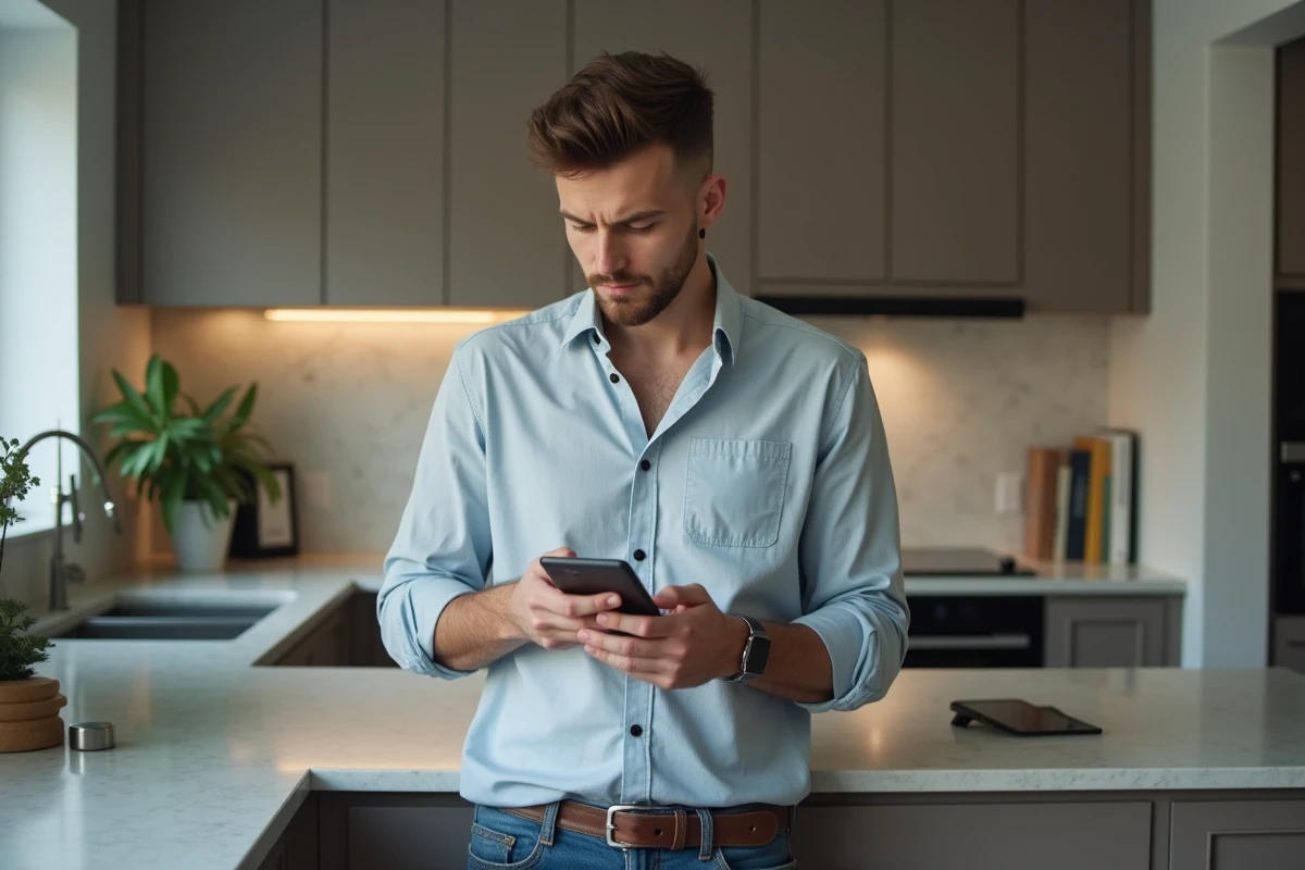 Jeune homme regardant une application dans la cuisine
